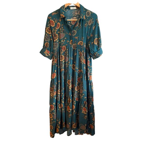 NATURAL LIFE Rebecca Green Floral Tiered Midi Dress Teal Orange Clusters Medium - Picture 2 of 9